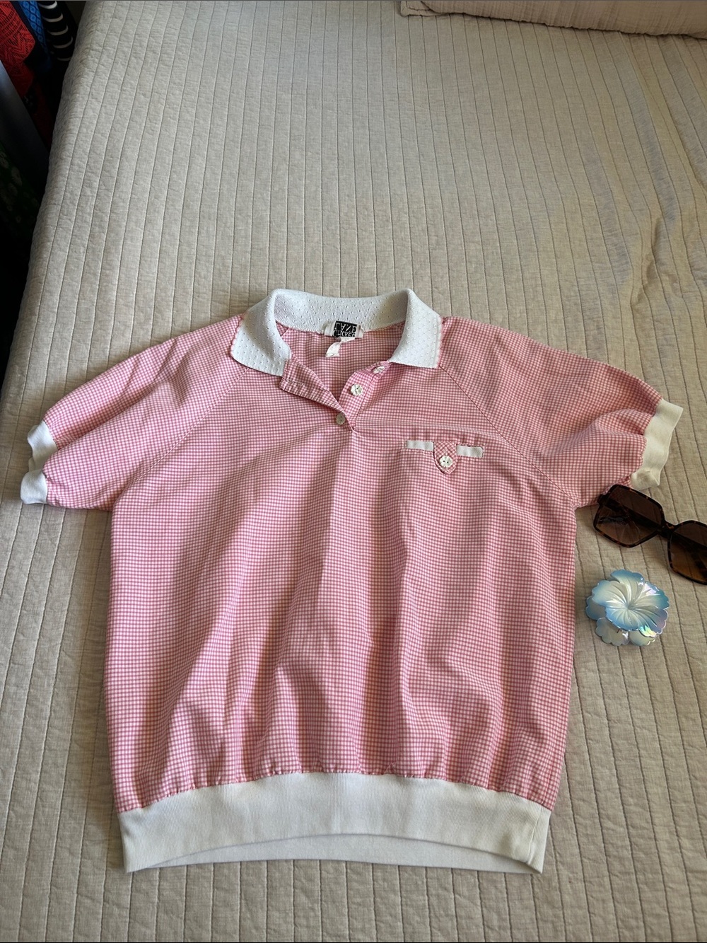 Cricket Lane vintage pink, white gingham collared blouse top S oversized